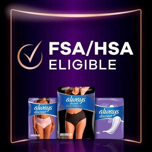 size S/M Always Discreet Boutique Incontinence and Postpartum Underwear for Women, Maximum Protection, Large, Black, 18 Count