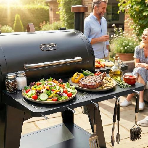 Utheer Upgraded Folding Front Shelf for Pit Boss Austin XL 1000 & Savannah 1500 Pellet Grills, 29.5 × 13.7 Heavy-Duty BBQ Prep Table with Cutting Board, Foldable Basin, Lid & 5 Hooks, 60-LB Load