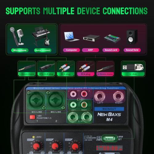 DJ Audio Mixer, DJ Mixers 4 Channel Sound Board with Bluetooth, NEW BAXS Sound Mixer Board XLR/1/4 Interface, USB/MP3 Computer Input 48V Phantom Power Stereo DJ Studio Streaming KTV Stage