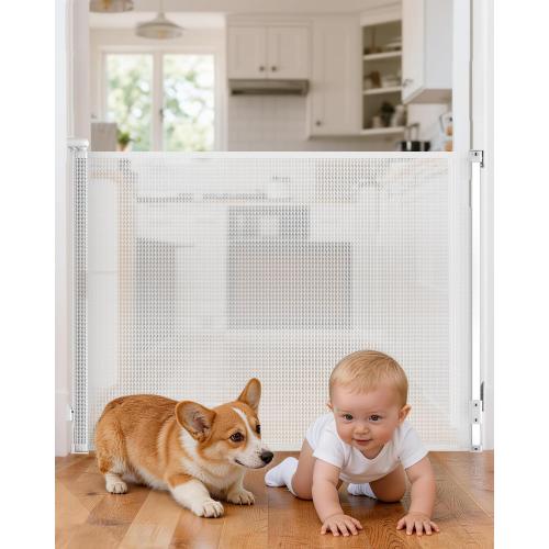 Retractable Baby Gate for Stairs, 55 Wide 38 High Pet Gate with Auto-Retract System, One-Hand Operation, Mesh Baby Gate for Doorways, Hallways, Decks, Indoor & Outdoor, White
