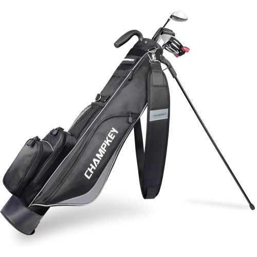 CHAMPKEY Premium Sunday Bag with Stand and Strap - Professional Pitch and Putt Lightweight Golf Bag for The Driving Range, Par 3 and Executive Courses (Black)