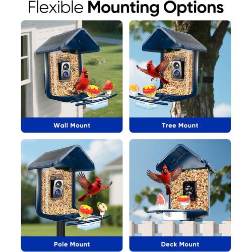 Bird Feeder with Camera Solar Powered - Smart Bird Feeder Camera 2K HD Live Stream, 5MP Photos, AI Identification for Backyard, 2.4Lb Large Capacity, Gifts for Mom Dad, Blue