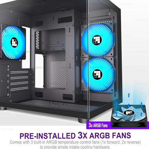 F100 PC Case - Pre-Installed 3 ARGB Fan, Micro-ATX Gaming PC Case, 270° Panoramic Glass with USB 3.0, FOIFKIN (Black)