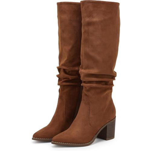 Size 7 Huiyuzhi Womens Pointed Toe Mid Chunky Heel Side Zipper Knee High Boots Tall Booties