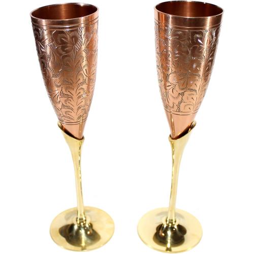 StonKraft Engraved Brass Goblets Champagne Glasses Flutes Coupes Wine Glass Set (Slender Copper)