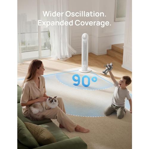 DREO Tower Fan for Bedroom, 2026 Upgraded DC Motor, 28ft/s High Velocity, 20dB Ultra Quiet Standing Fan, 8 Speeds 4 Modes, 90° Oscillating Bladeless Fan for Indoors, Floor Fans with Remote, White