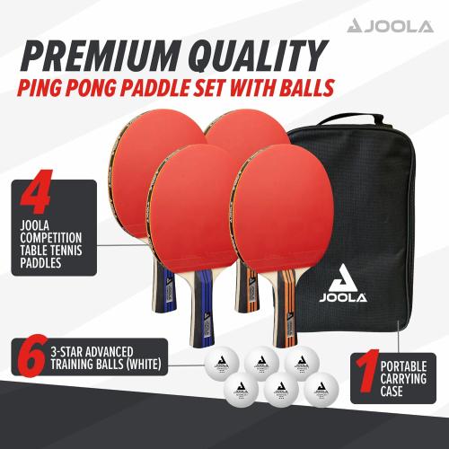 JOOLA Advanced Premium Ping Pong Paddles Set of 4 - Professional Table Tennis Paddles, 6 Advanced Training 3 Star Ping Pong Balls, and Carrying Case - Tournament Level - Indoor and Outdoor Compatible