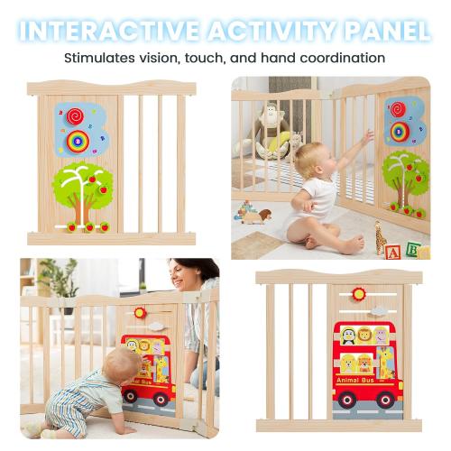 Foldable Wooden Playpen, 55 x 55 x 24 inches, Animal Bus, Natural | Adjustable Wood Baby Play Yard with Child-Proof Lock, Indoor Large Safety Fence for Babies and Toddlers, Easy Assembly