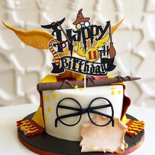 Wizard Happy 11th Birthday Cake Topper - Glitter School Wizard Cake Decor - Harry Theme Party 11th Birthday Party Decoration Supplies