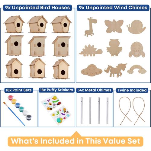 9 Wooden Birdhouses & 9 Wind Chimes -Art & Crafts for Kids Ages 4 5 6 7 8 - Kids Bulk Arts and Crafts Set with Painting Kit -DIY Wood Bird House and Windchimes Kits for Boys Girls to Build & Paint