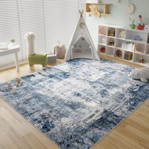 8x10 Rug Washable Boho Rug Soft Large Area Rug Non-Slip Non-Shedding Faux Wool Vintage Rug for Living Room, Farmhouse, Dining Room, Indoor, Kids Playroom, Blue