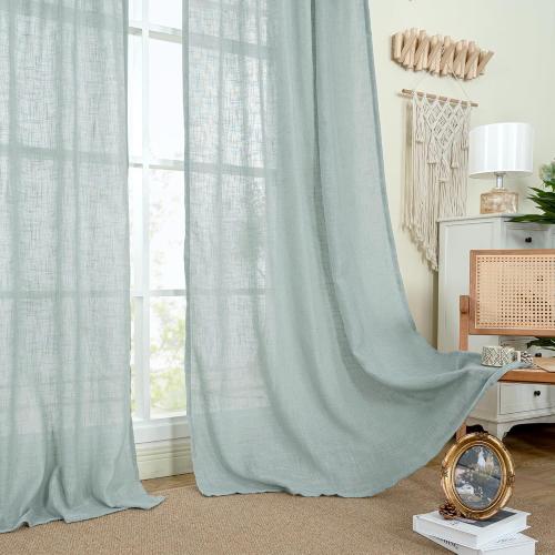 LAMIT Short Linen Window Curtains 30 Inches Long 3 Panels, Greyish Blue Semi Sheer Light Filtering Panels Back Tab and Rod Pocket Neutral Drapes for Basement/Small Windows, 34 x 30 Inch