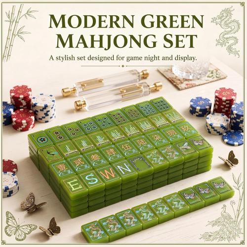 Arrowbash 160 Pcs American Mahjong Set 1.2 Inch Green Style Mahjong Tiles Set with Melamine Hand Carved Pattern for Adult Mah Jong Tabletop Games Mah Jong Lover Beginners