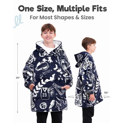 Size ONE FITS ALL  Sports Blanket Hoodie Men & Kids, Oversized Wearable Blanket Kids, Teens, Adults, Soccer & Basketball Hoodie Blanket for Boys