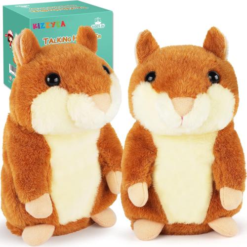 Brown 2 pack KIZZYEA Bigger Talking Hamster - 2 Pack Repeats What You Say Talking Hamsters - Interactive Stuffed Plush Animal Talking Toy, Early Educational Toy, Fun Gift for Toddlers, Boys & Girls