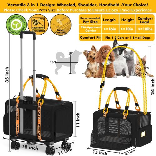 PAWZIDEA Expandable Pet Carrier with Wheels, 18x11x11 TSA Airline Approved Cat Carrier for 2 Cats Under Seat, Soft-Sided Dog Carrier for Small Dogs Rolling Travel Bag w/Telescopic Handle, ID Card