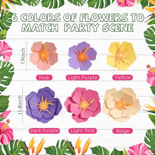 Lincia 40 Pcs Hawaiian Hibiscus Decorations Large Paper Flowers and Artificial Tropical Leaves, 11.8''/7.9'' Jumbo 3D Paper Flowers Faux Leaves for Luau Party Birthday Wedding (Classic Color)
