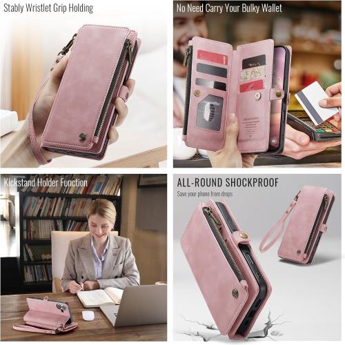Defencase Compatible with iPhone 17 Case Wallet with RFID Blocking Card Holder for Women and Men, Fashion PU Leather Magnetic Snap Flip Zipper Strap Wallet Phone Case for iPhone 17 6.3, Rose Pink