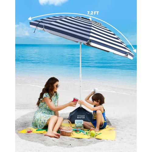 OutdoorMaster 7.2ft Beach Umbrellas for Sand with Sandbag & Anchor | 7.2ft Adjustable Umbrella for Beach, Wind Resistant, Portable UPF50  Sunshade with Carry Bag for Patio