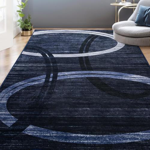 Kimicole 5x8 Large Area Rugs for Bedroom Living Room, Modern Abstract Geometric Washable Rugs, Low Pile Thin Rug, Non-Slip Indoor Wavy Circles Floor Carpet for Office Dining Room Home Decor (Blue)