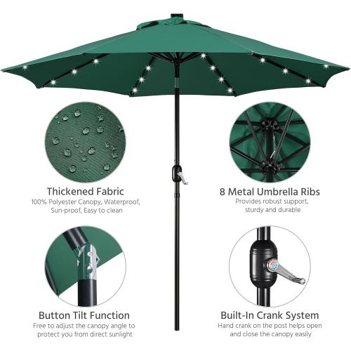 Yaheetech 9FT Patio Umbrella with Solar Lights - UV Protection Market Table Umbrella w/ 32 LED Lights & Push Button Tilt & Crank Lift System for Garden/Lawn/Deck/Backyard/Pool,Dark Green