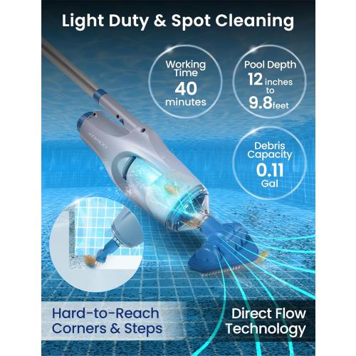 KOKIDO Cordless Handheld Pool Vacuum for Above Ground Pool, with 6ft Pole and 2 Vac Brush Heads, Ideal for Spot Cleaning Small Inground Pool Spa up to 20ft, Rechargeable, 60min, Sand and Light Debris