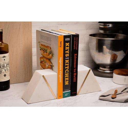 2 Pack White Marble and Gold Cork & Mill Marble Book Ends for Shelves, Decorative Bookends for Heavy Books, Unique Mid Century Modern White and Gold Bookends with Brass Inlay, Heavy Duty Bookshelf Stopper, Set of 2