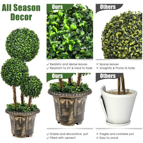 Artificial Boxwood Topiary Tree, 2.5ft Triple Ball Shaped Faux Topiary Tree w/Weighted Pot, Metal Frame, Fake Green Potted Plants Decoration for Indoor/Outdoor/Home/Office, Set of 2