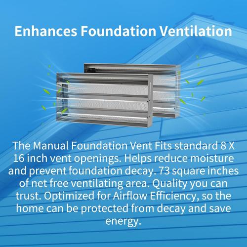 8 x 16 Manual Foundation Vent with Adjustable Louvers for Ventilating Crawl Space Replacement Air Vent for Block & Brick Construction, Aluminum, 73 sq. in. Net Free Vent Area 4 piece