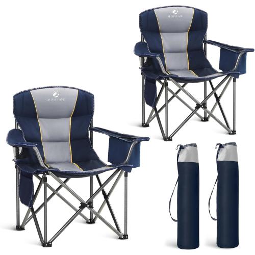 LET'S CAMP Folding Camping Chair Oversized Heavy Duty Padded Outdoor Chair with Cup Holder Storage and Cooler Bag, 450 LBS Weight Capacity, Thicken 600D Oxford,2 Pack