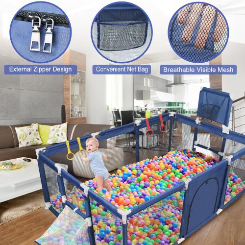 Baby Playpen Large Playpen for Babies and Toddlers, Sturdy Baby Ball Pit w/Basketball Hoop Soccer Net, Indoor Outdoor Children's Fence Play Pen Activity Center Play Area, Infant Safety Gates(Blue)