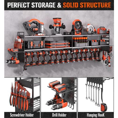 2-Pack Large Power Tool Organizer Wall Mount,Heavy Duty Cordless Tool Organizer with 18 Drill Holder,600 Lbs Capacity 3-Layer Garage Organization for Garage and Workshop (Black)