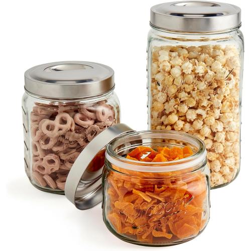 Mason Craft & More Airtight Kitchen Food Storage Clear Glass Pop Up Lid Canister, 3 Piece Pop Up Graduated Canister Set (1.6L, 2.75L, and 4.6L)