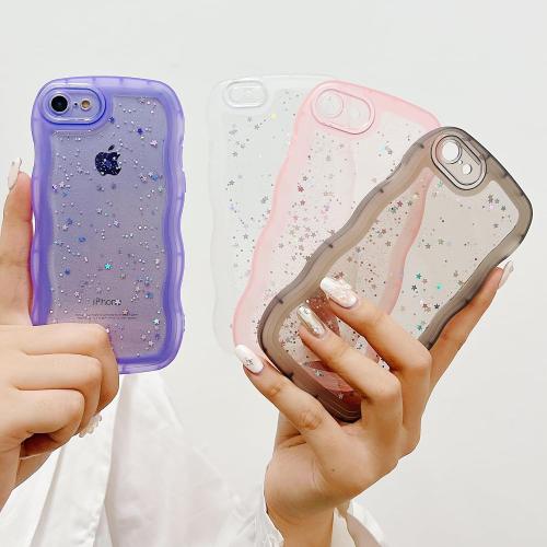 Compatible with iPhone 7/8,iPhone SE 2020/SE 2022 Case for Girls Women,Cute Clear Sparkly Bling Star Design Curly Simple Wave Case Shockproof Protective Slim Soft TPU Glitter Cover-Purple