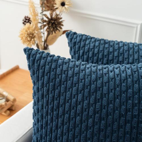 Kevin Textile Throw Pillow Covers Soft Corduroy Decorative Set of 2 Boho Striped Pillow Covers Pillowcases Farmhouse Home Decor for Couch Bed Sofa Living Room 18x18 Inch Blue