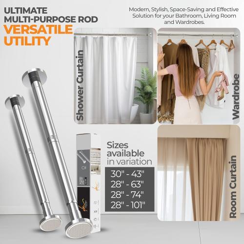 Silver Shower Curtain Rod Spring Tension, Stainless Steel Tension Curtain Rods No Drilling Required, Rust Free Shower Rods for Bathroom, Non-Slip Shower Tension Rod, Adjustable Curtain Rod (28” - 74”)