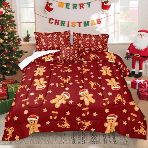 Bedbay Cartoon Christmas Bedding Set  Red and Gold Christmas Gingerbread Stars Elks Comforter Happy New Year Xmas Theme Quilt Set for Boys Girls Teen