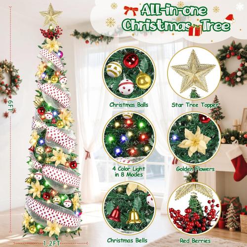 6Ft Prelit Pop Up Pencil Christmas Tree Decorations, Collapsible Artificial Christmas Tree with Lights, Foldable Pre Decorated with Ribbon Ornaments, Indoor Home Holiday Party Christmas Decorations