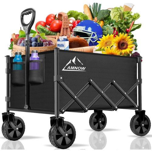 AMNOW 100L Collapsible Wagon Cart with All Terrain Wheels, 350LBS, Black | Rust-proof steel frame, 28×18×12in, only 13lbs, easy one-hand fold, garden camp beach trips