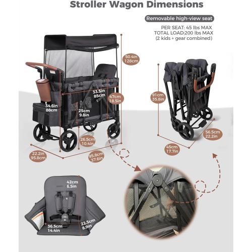 Wagon Stroller for 2 Kids with Insulated Snack Pack Foldable All-Terrain Wagon Stroller, 5-Point Harness & Canopy Parent Organizer Adjustable Handle (Grey)