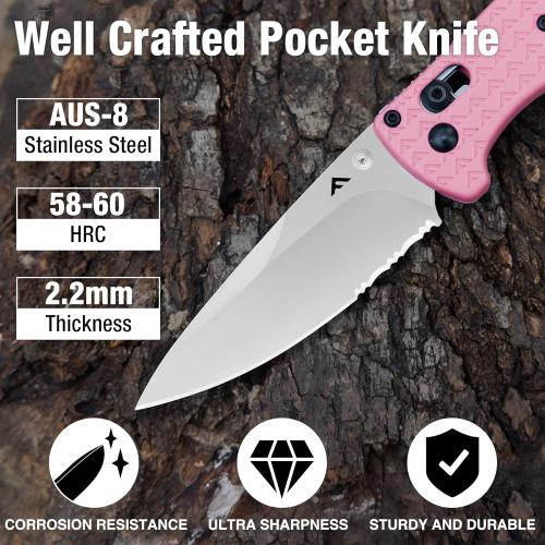 FLISSA 4.5 Folding Pocket Knife, Lightweight EDC Pocket Knife with Axis Lock, 3.2 AUS-8 Steel Blade, Sharp Camping Hiking Knife with Pocket Clip, Unique Tool Gift for Men, Dad (Pink)