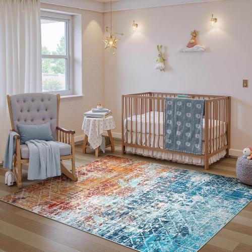 Orange and Teal Abstract Washable Living Room Rug, Large Teal Orange Carpet for Bedroom, Boho Dining Room Rug Non Slip, Modern Moroccan Throw Carpet for Girls Room Playroom Office (Orange/Teal)