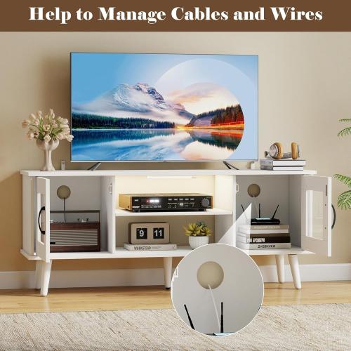 Wood TV Stand for TV, Mid Century Modern Entertainment Center with Adjustable Shelf, Sensor LED Light, 2 Cabinets, TV Media Console for Living Room Bedroom White