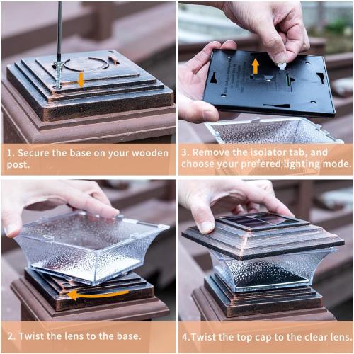 HUYIENO Solar Post Cap Lights Outdoor LED Lighting Deck Fence Light Two Modes Warm White/7 RGB Color Changing Suitable for 4x4 5x5 Wooden Posts (Brushed Copper, 8pk), HY1238