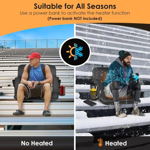 HOPERAN Heated Stadium Seats for Bleachers with Back Support and Wide Cushion, Extra Portable Bleacher Seat Foldable Stadium Chair, USB 3 Levels of Heat, 5 Pockets for Outdoor Camping Games Sports