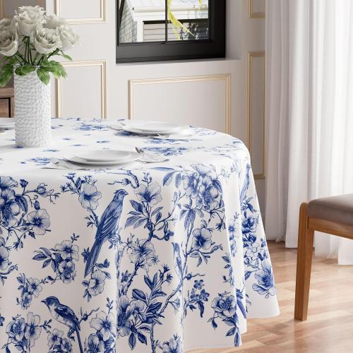 XCHI Blue and White Porcelain Style Birds and Flowers Spring Tablecloth Round Washable Table Covers for Summer Seasonal Indoor Outdoor Dining Home Party Decorations 70x70 Inch