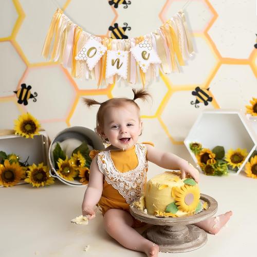 Bee One High Chair Banner Yellow - Bee for 1st Birthday Highchair Banner, Beehive Theme Birthday Party Supplies, Sweet One Party Decorations, Daisy First Photo Props (Beehive Garland Yellow)