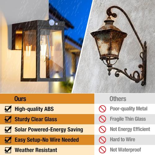 2 Pack Solar Porch Lights Outdoor with Motion Sensor, Dusk to Dawn Exterior Wall Lighting Fixtures Waterproof, LED Patio Lights Wall Sconce Outside Anti-Rust for Garage Frontdoor House, Black