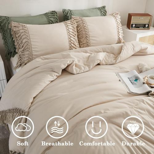 Comforter Queen Size Set Beige, 3 Pieces Tassel Boho Lightweight Winter Bedding Comforters & Sets, All Season Bed Set (90x90In Comforter & 2 Pillowcases)