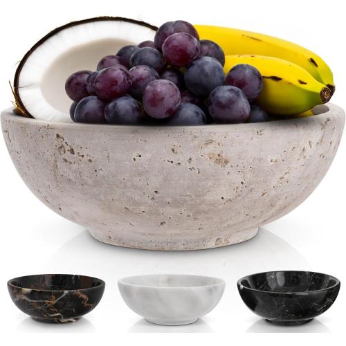 Gusto Nostro 8 Decorative Travertine Bowl for Coffee Table - Elegant Centerpiece, Aesthetic Fruit Bowl for Kitchen Counter - Heavy Stone Entryway Catch all, Jewelry, Potpourri - Travertine Decor